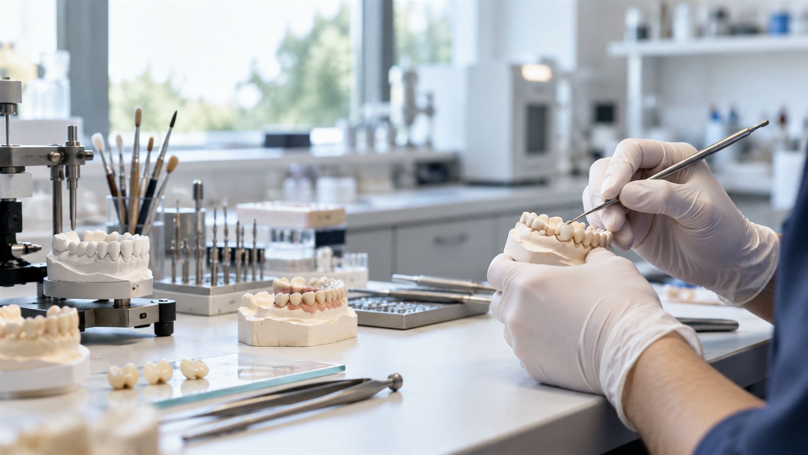 Prothésiste dentaire travaillant sur un modèle au laboratoire MAS DENTAL
