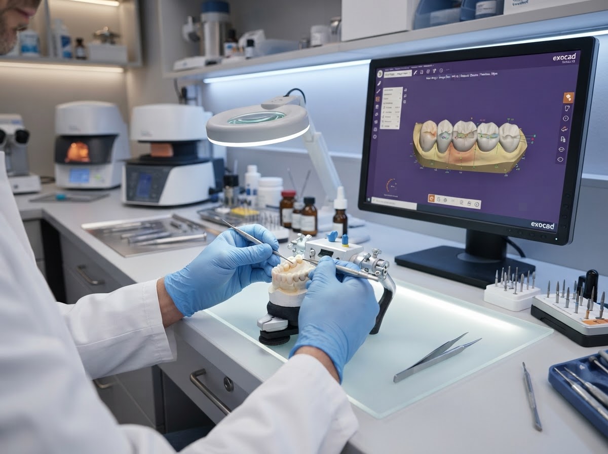Prothésiste dentaire travaillant sur une prothèse au laboratoire MAS DENTAL
